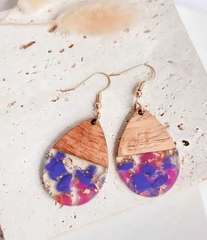 Purple and Pink Wooden Teardrop Earrings