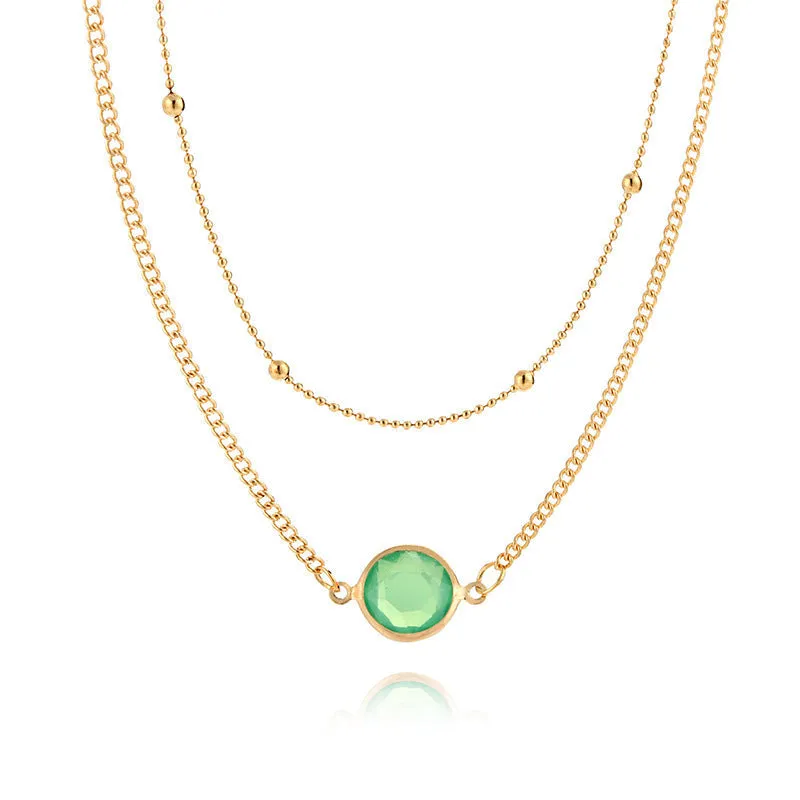 "Double Layered Gold Necklace with Green Gemstone | Stylish Minimalist Jewelry"-jltn0657