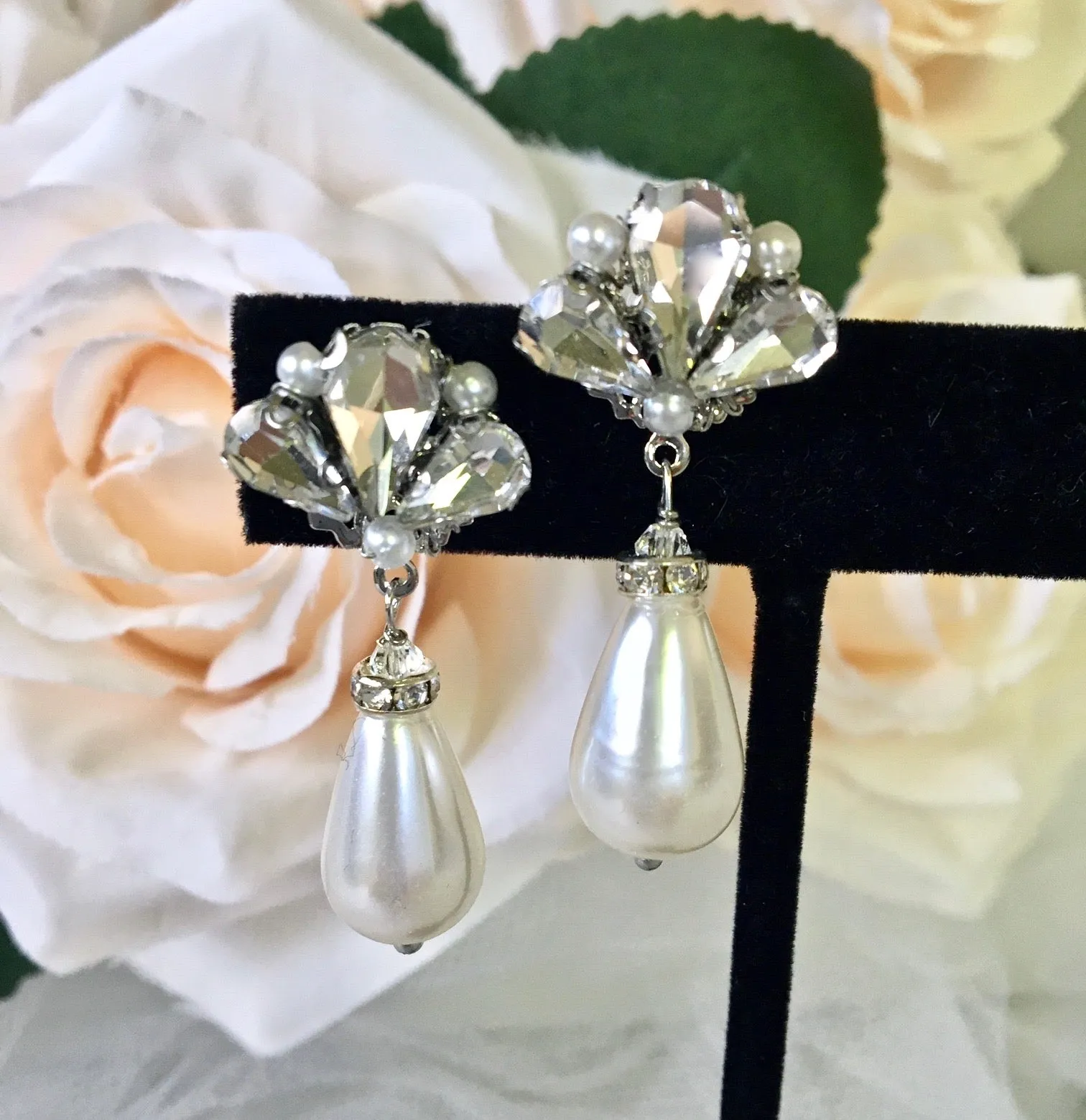 "Eunice" - Vintage Pearl and Rhinestone Bridal Earrings