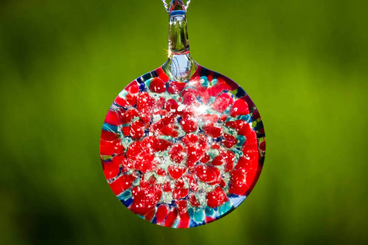 Red & Blue Marigold Pendant with Cremation Ash