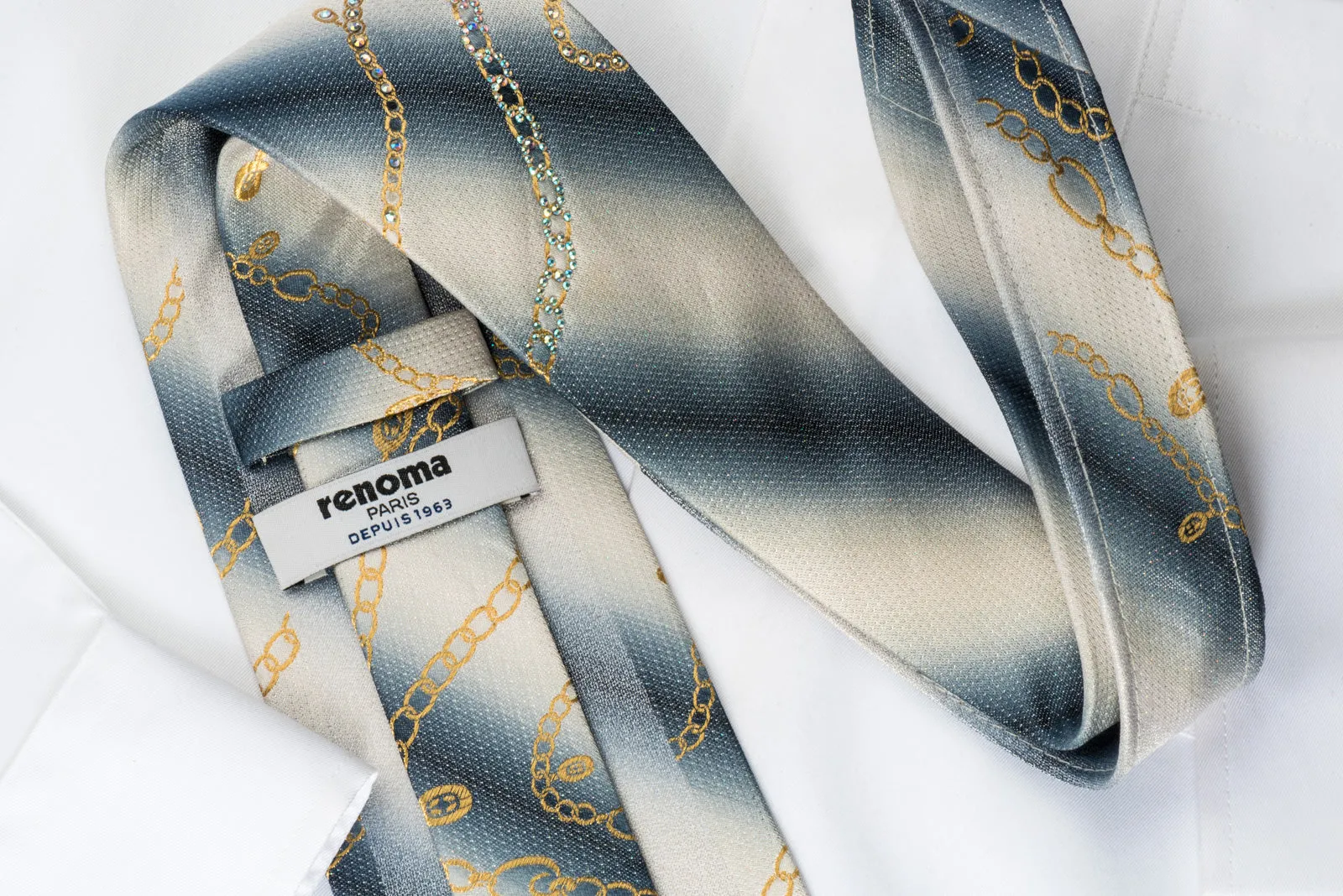 Renoma Silk Tie Golden Chains On Graduating Gray With Rhinestones