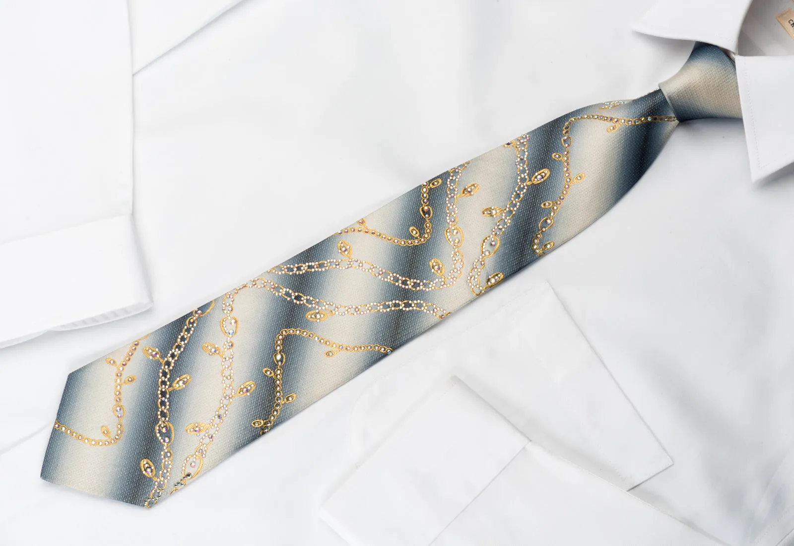 Renoma Silk Tie Golden Chains On Graduating Gray With Rhinestones