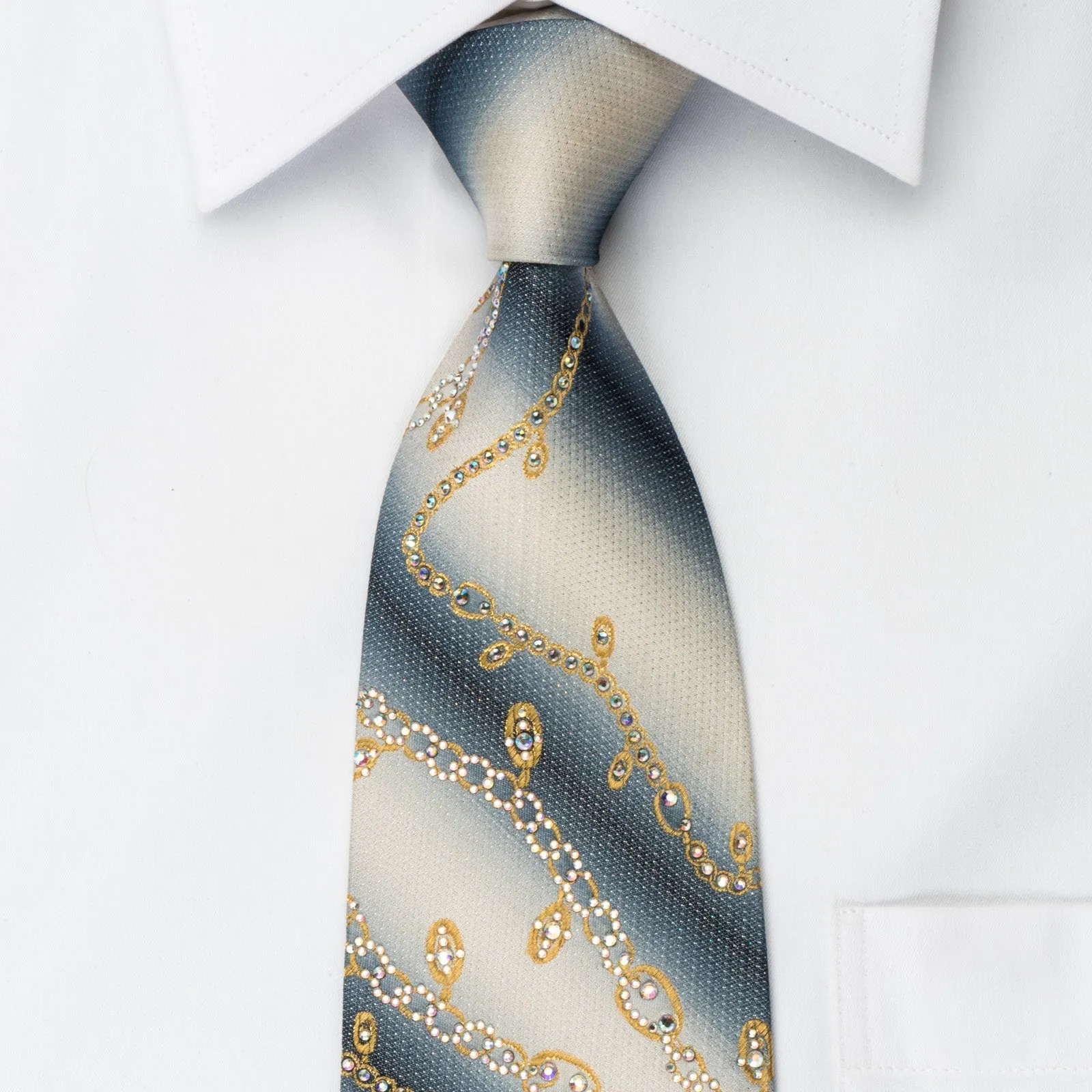 Renoma Silk Tie Golden Chains On Graduating Gray With Rhinestones