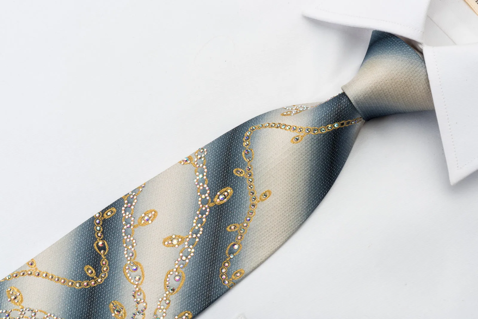 Renoma Silk Tie Golden Chains On Graduating Gray With Rhinestones