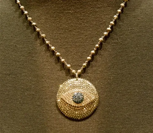 Roni Blanshay Pyrite Bead and Crystal Evil Eye Pendant Necklace