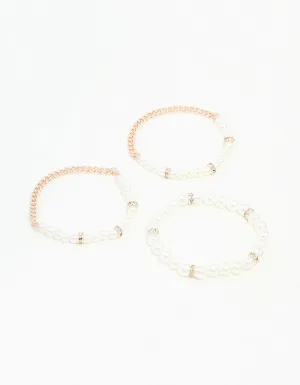 Rose Gold &  Pearl Bracelets Stretch Bracelets 3-Pack