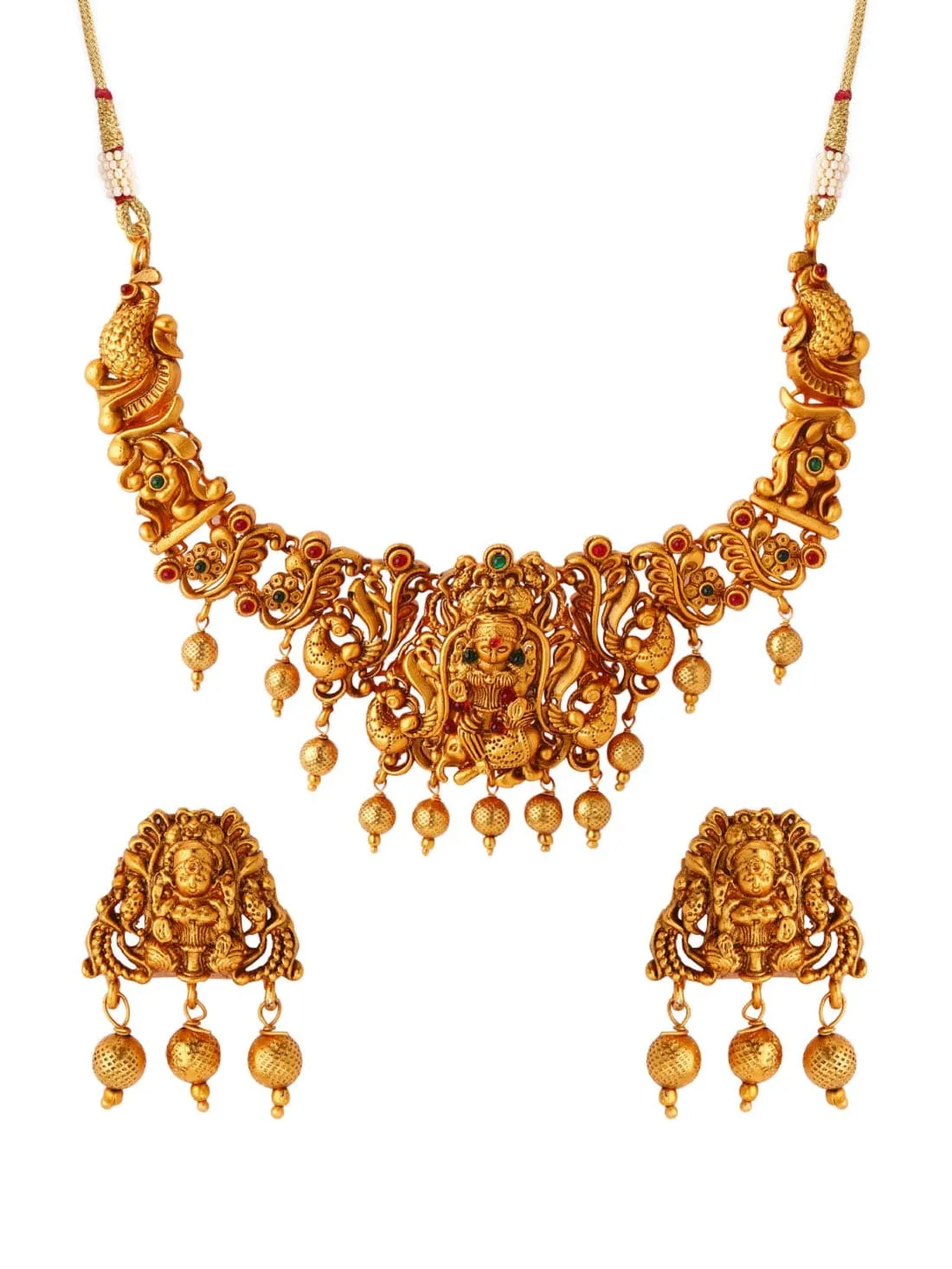 Rubans 22K Gold Plated Handcrafted Faux Ruby Filigree Traditional Temple Necklace Set