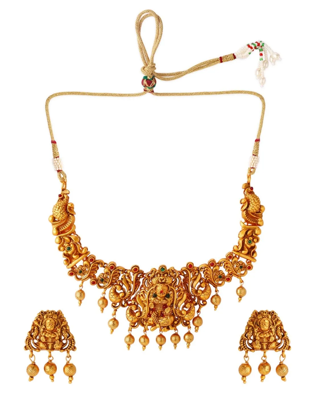 Rubans 22K Gold Plated Handcrafted Faux Ruby Filigree Traditional Temple Necklace Set