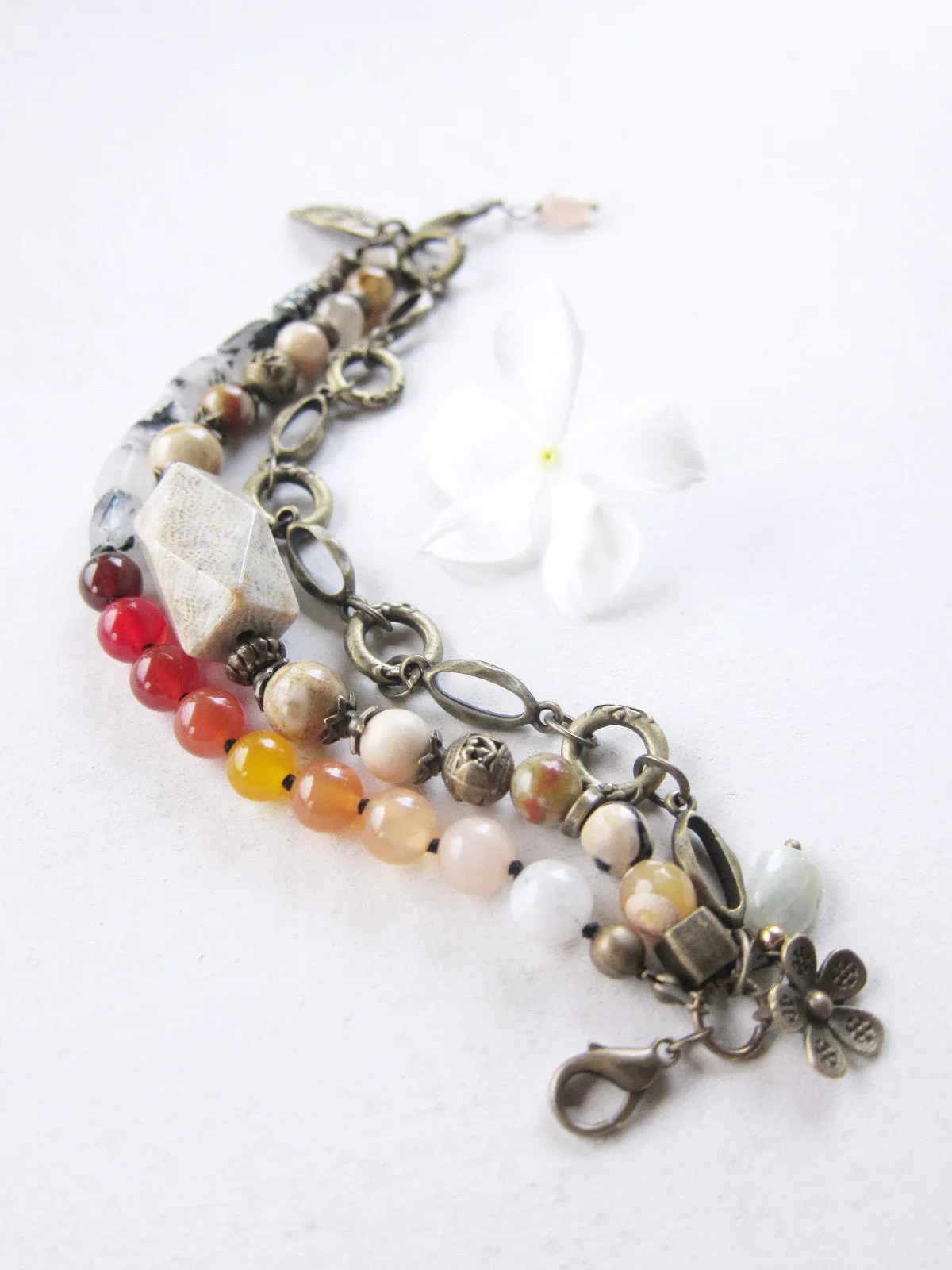 SALE - Vintage Bohemian 3 Tier Stone Bracelet w/ Floral Charms - Ltd Edition