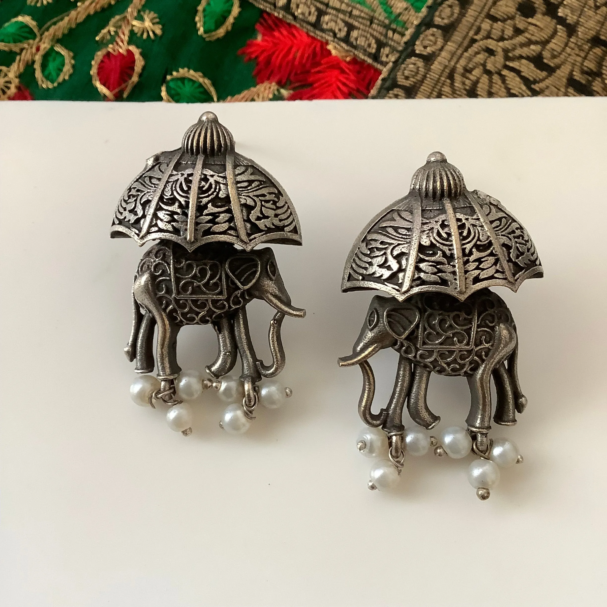 Salvanity German Silver Royal Elephants Earrings