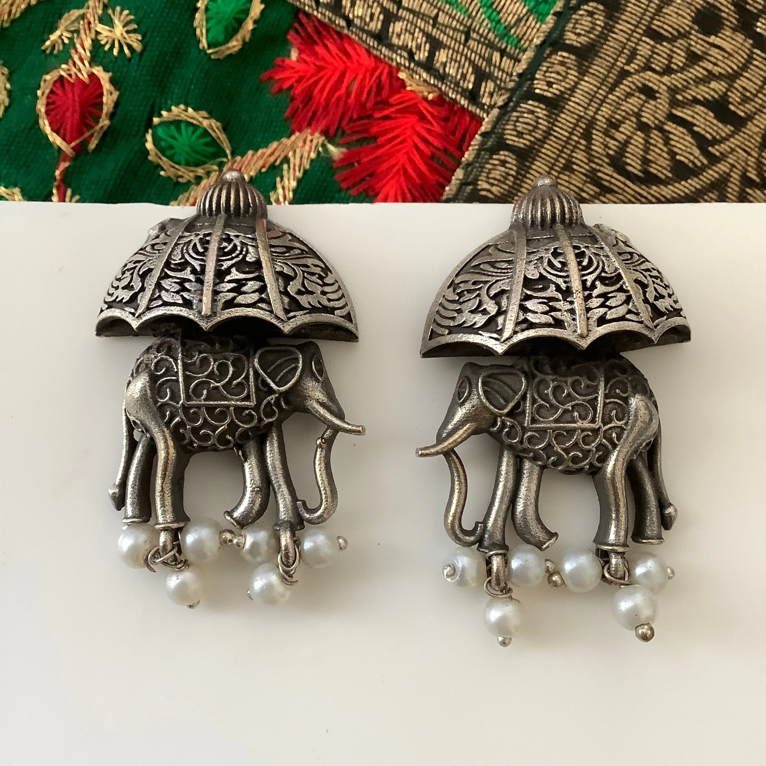 Salvanity German Silver Royal Elephants Earrings