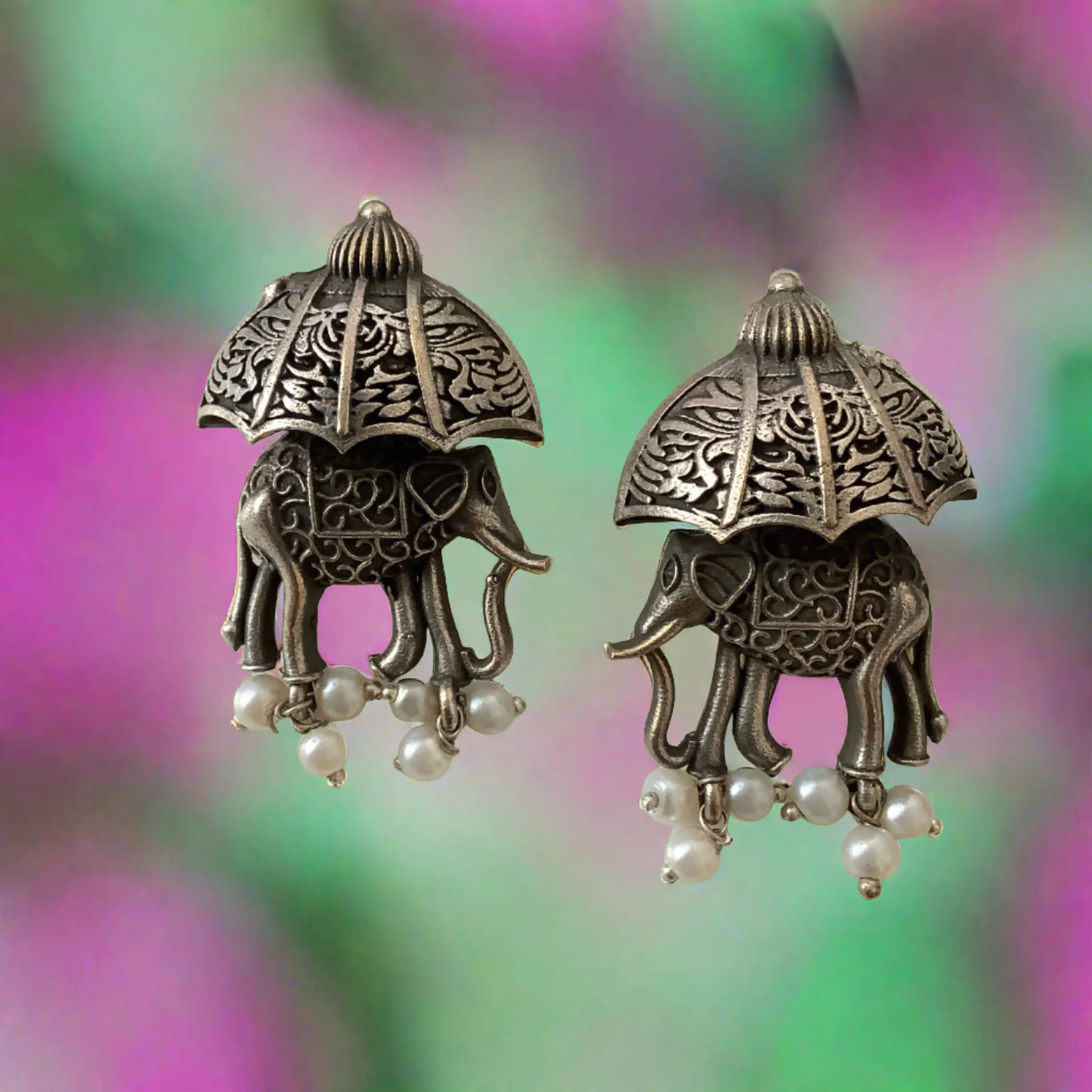 Salvanity German Silver Royal Elephants Earrings