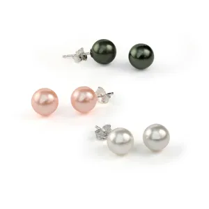 Set Of 3 Drop Ball Earrings White Black Pink Simulated Pearl Studs Sterling Silver