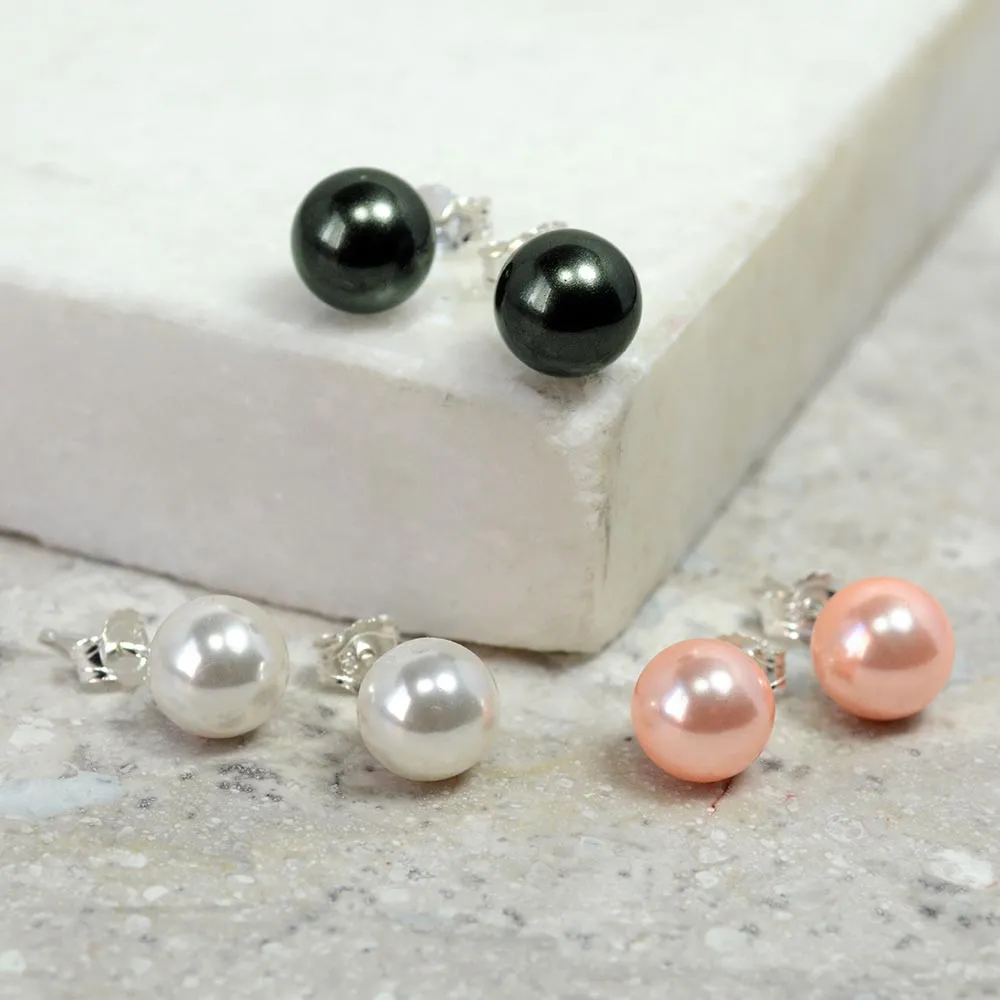 Set Of 3 Drop Ball Earrings White Black Pink Simulated Pearl Studs Sterling Silver