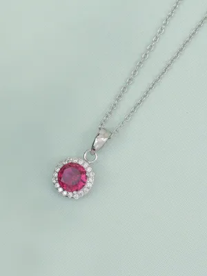 Sterling Silver Red Ruby Halo Necklace With Chain