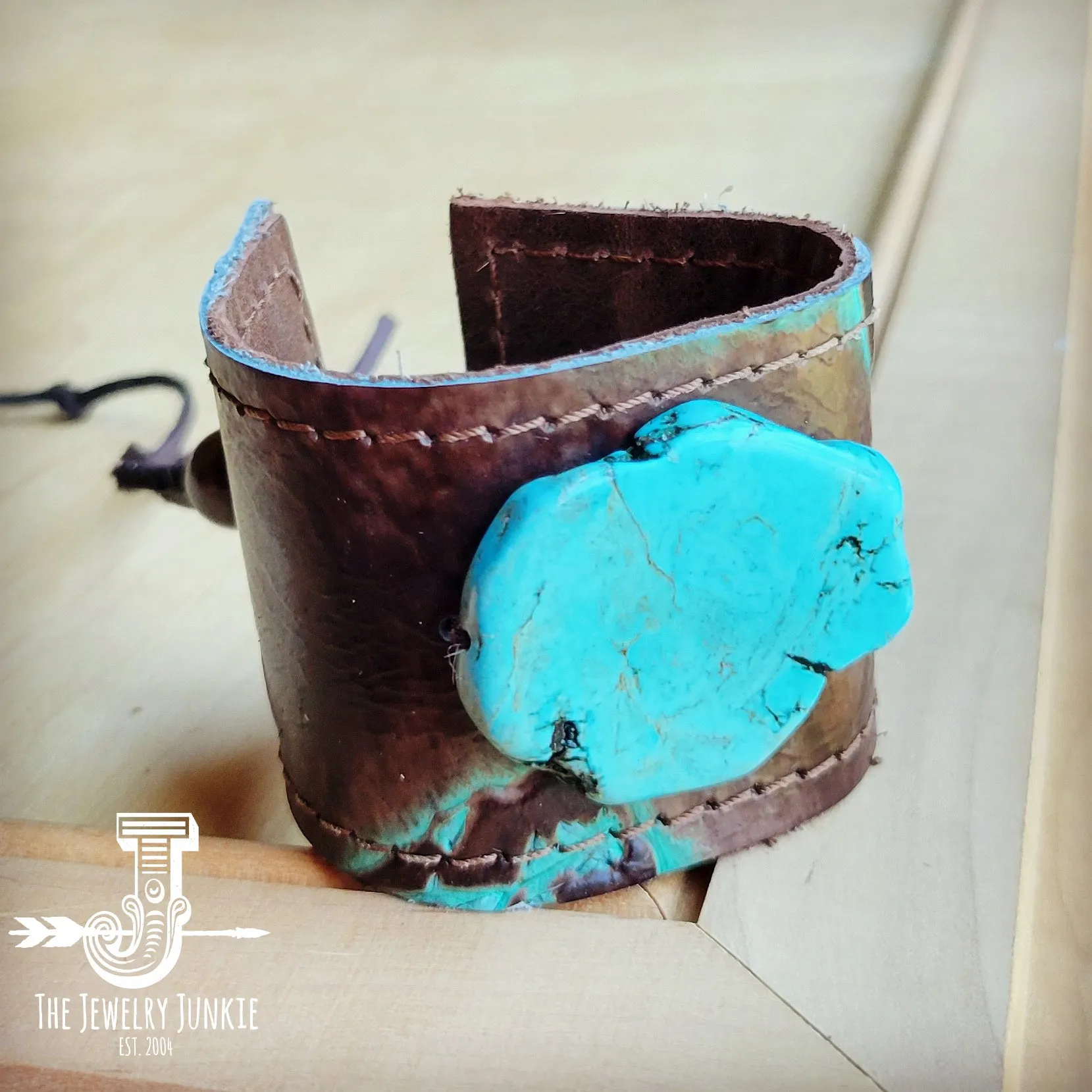 **Turquoise Brown Steer Leather Hide Cuff w/ Turquoise Slab 015i