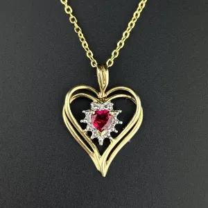 Vintage 10K Gold Ruby White Quartz Heart Pendant Necklace