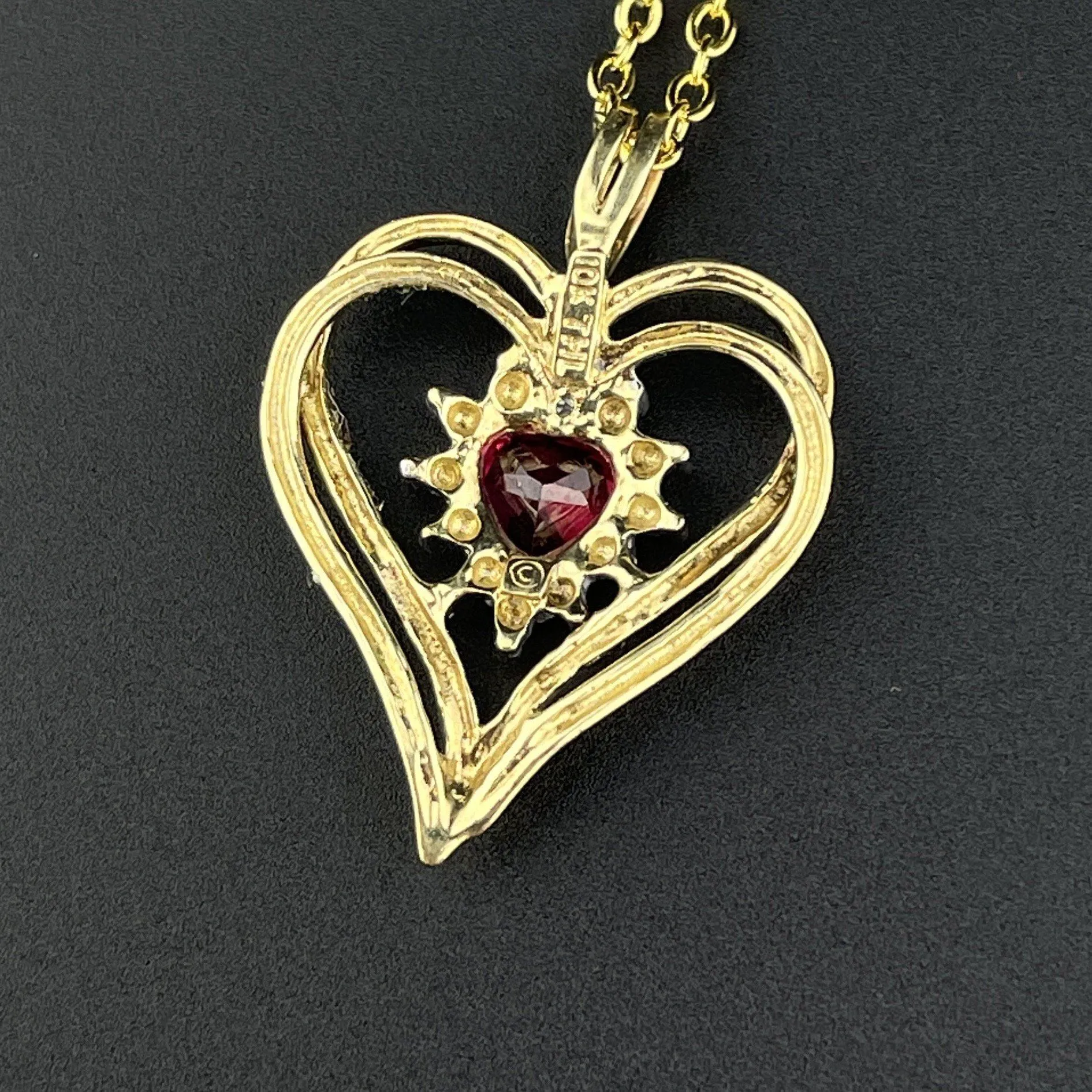 Vintage 10K Gold Ruby White Quartz Heart Pendant Necklace