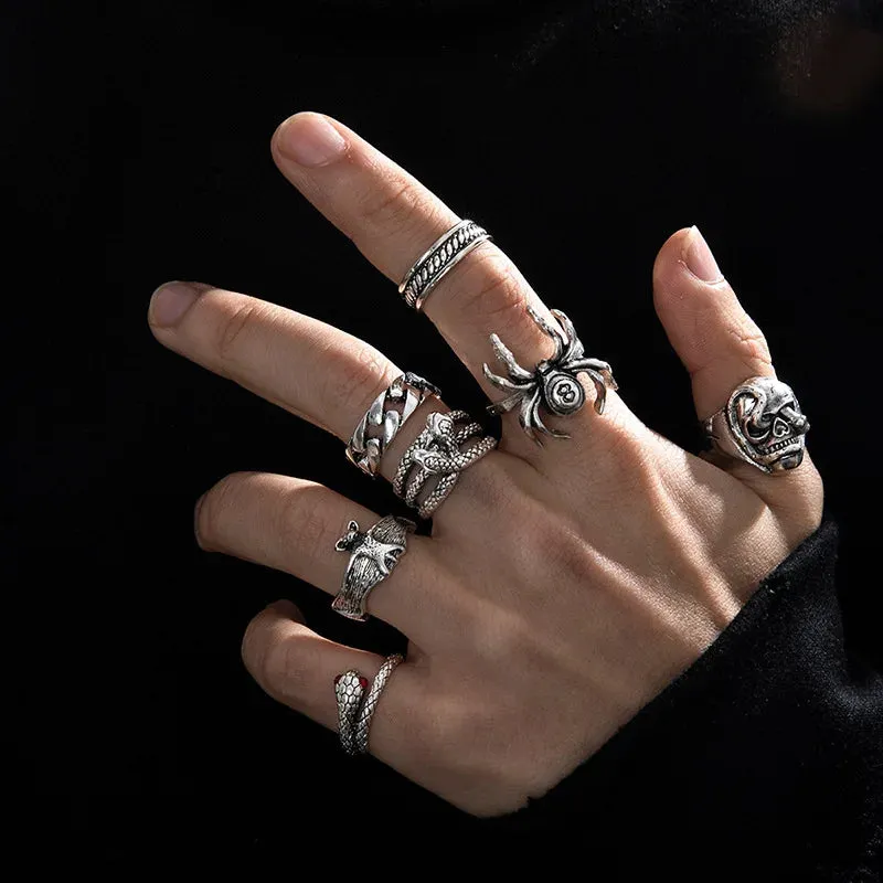 Vintage Spider Snake Bat Skull Rings Set Gothic Punk Rings for Men Exaggerated Personality Halloween Jewelry anel masculino