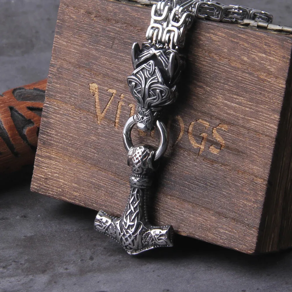 Wolf Viking Mjolnir Necklace