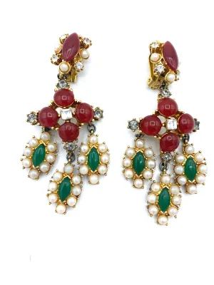 Yosca 90s Gold Tone Drop Earrings with Faux Gems and Pearls