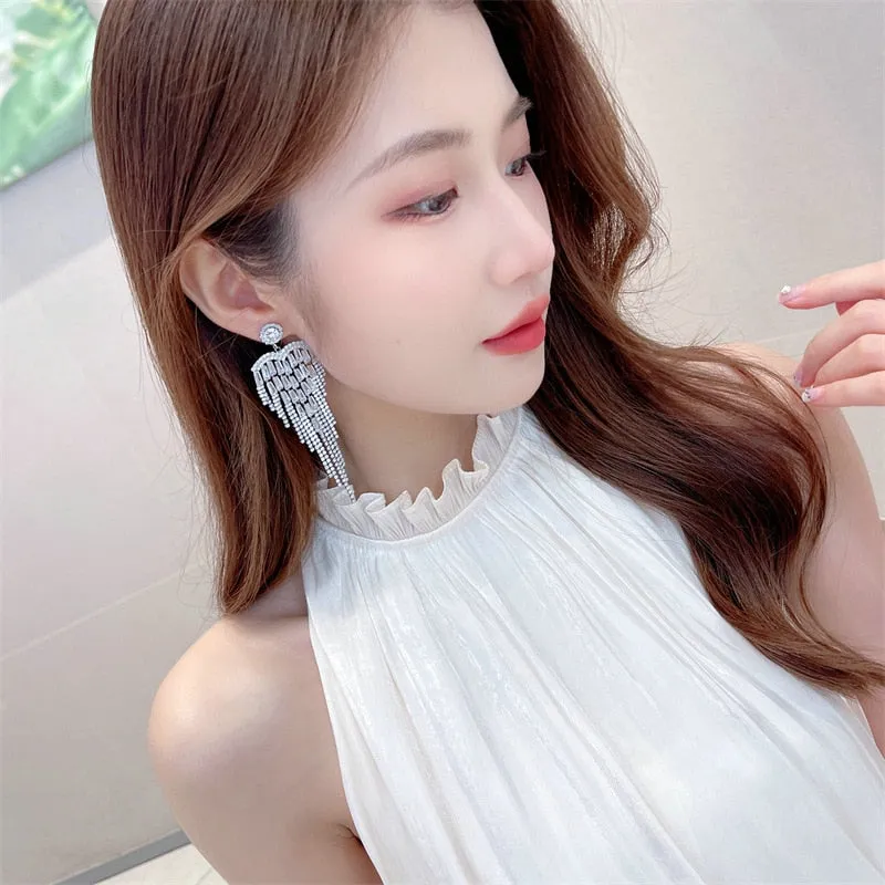 Zircon Inlaid Long Tassel Fashion Earrings Wedding Bridal Party Jewelry