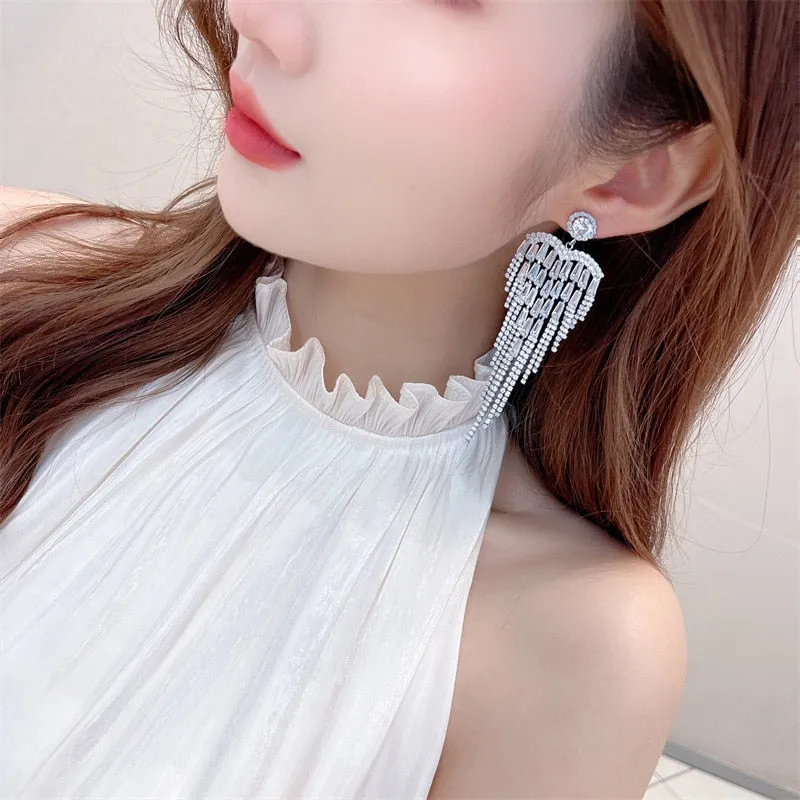 Zircon Inlaid Long Tassel Fashion Earrings Wedding Bridal Party Jewelry